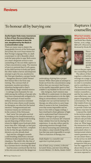 Picture of an article in Therapy Today - film review of Son of Saul by Zsofia Kaplar online therapist